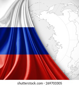 Russia Flag And World Map Background