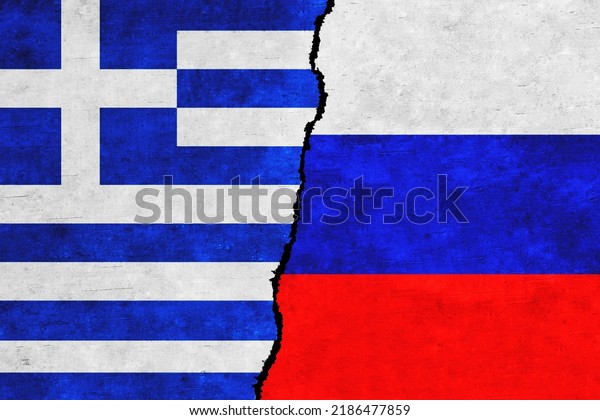 Russia and\
Greece painted flags on a wall with a crack. Russia and Greece\
relations. Greece and Russia flags\
together