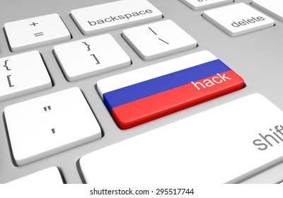 Russia Hacking Concept Of A Computer Keyboard And A Key Painted With The Russian Flag