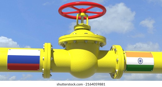 Russia India Oil Or Gas Transportation Concept, Pipe With Valve.  3D Rendering