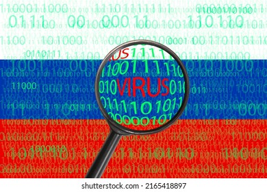 Russia Internet Virus Concept Over Hacker Cyber Attack. Russian Flag With Internet Matrix Binary Data Through Magnifying Glass