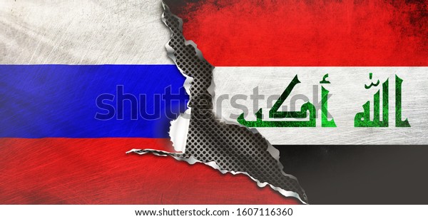Russia and Iraq flag,\
covering on cracked\
wall. 3d\
illustration