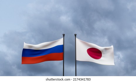 Russia And Japan Flags, Blue Sky And Flag Russia Vs Flag Japan, Russia Japan Flags, 3D Work And 3D Image