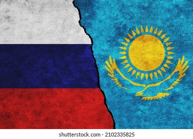 Russia and Kazakhstan painted flags on a wall with a crack. Russia and Kazakhstan relations. Kazakhstan and Russia flags together