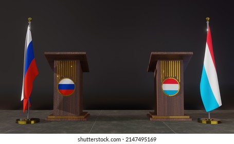 Russia and Luxembourg flags. Russia and Luxembourg flag. Russia and Luxembourg negotiations. Rostrum for speech. 3D work and 3D image