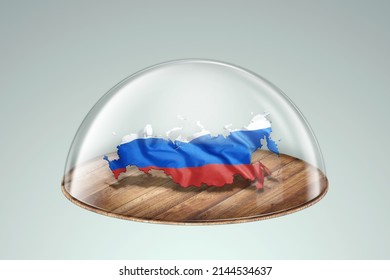 Russia Map Russia Flag Under A Glass Dome. Isolation, Embargo, Iron Curtain, Sanctions. 3D Illustration, 3D Rendering