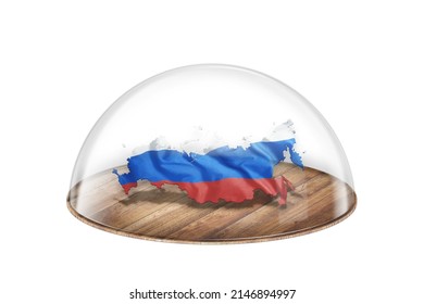 Russia Map Russia Flag Under A Glass Dome. Isolation, Embargo, Iron Curtain, Sanctions. 3D Illustration, 3D Rendering