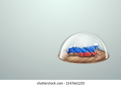 Russia Map Russia Flag Under A Glass Dome. Isolation, Embargo, Iron Curtain, Sanctions. 3D Illustration, 3D Rendering