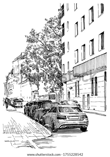Russia. Moscow. Urban view of the city street with\
buildings and cars. Summer day black and white hand drawing with\
pen and ink. Sketch\
style.