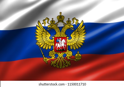 Russia national emblem with waving flag