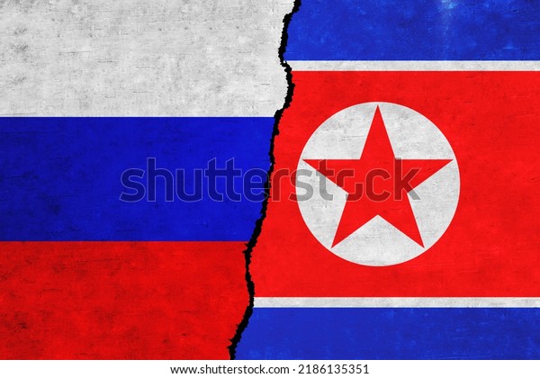 Russia and North Korea painted flags on a wall\
with a crack. Russia and North Korea relations. North Korea and\
Russia flags\
together