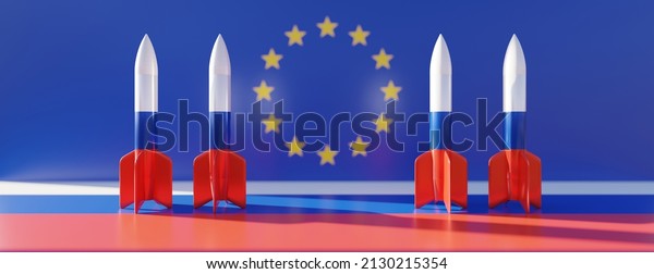Russia nuclear weapon\
threat vs EU. Russian rocket on European Union flag background,\
banner. 3d\
render\
\
