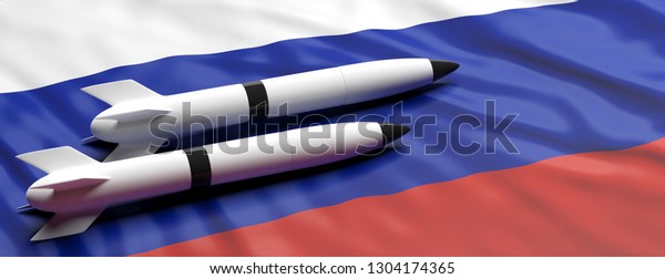 Russia nuclear\
weapons. Rockets, missiles on Russian flag background, banner, copy\
space. 3d\
illustration