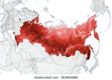 Russia On Outline Eurasia Map With Countries Borders. Russian Territory Map With Surface Texture From Satellite Photo On Globe. Earth Terrain Isolated On White. Elements Of Image Furnished By NASA.