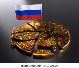 Russia Proposes Crypto Crackdown. Bitcoin Crypto banned from Russia. Full Ban on Crypto Bitcoin,  Dogecoin, Etherium. Russian Prohibition of bitcoin cryptocurrency. 3D Illustration