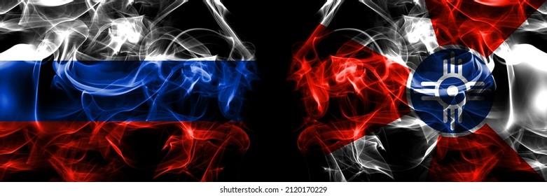 Russia, Russian vs United States of America, America, US, USA, American, Wichita, Kansas flags. Smoke flag placed side by side isolated on black background. 