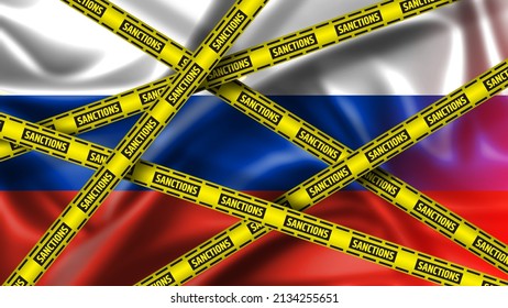 Russia Sanctions Concept. Yellow Tape With Sanctions Sign Against Of Russia.