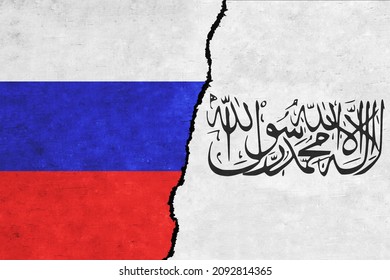 Russia and Taliban painted flags on a wall with a crack. Russia and Taliban relations. Islamic Emirate of Afghanistan and Russia flags together. Russia vs Taliban