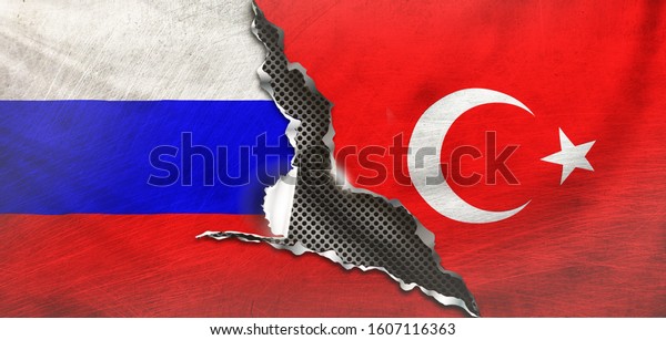Russia and Turkey flag,\
covering on cracked\
wall. 3d\
illustration