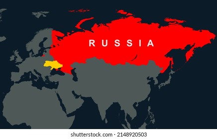 Russia, Ukraine and Europe on World map, territory of Russia in Eurasia on dark outline map. Concept of Russian-Ukrainian war, geographic and political borders, continents and global crisis.