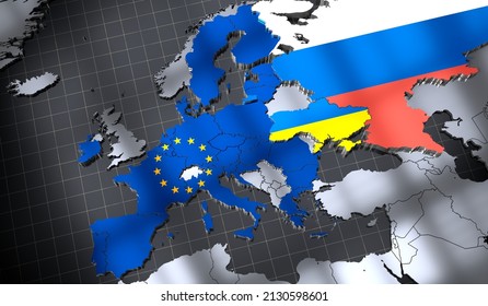 Russia, Ukraine and European Union map flags - 3D illustration
