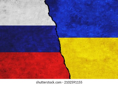Russia and Ukraine painted flags on a wall with a crack. Russia and Ukraine relations. Ukraine and Russia flags together