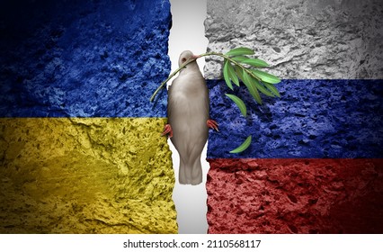 Russia and Ukraine peace crisis as a geopolitical conflict clash between the Ukrainian and Russian nation as a European security concept with a dove and olive branch in a 3D illustration style.