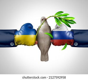 Russia and Ukraine tensions as a geopolitical conflict clash between the Ukrainian and Russian nation as a European security concept and finding a diplomatic agreement in a 3D illustration style.