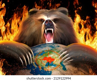 Russia Ukraine War. Ukraine And Russia Crisis. Angry Bear Attacks 3D Render Illustration Globe. 