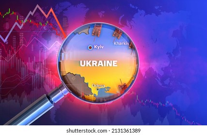 Russia Ukraine War Economy Background With Downtrend Charts Of Financial Instruments, Display Of Daily Stock Exchange Market Price Data, Quotations. EU, USA New Sanctions, Russia Economy Collapse, 3D