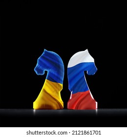 Russia and Ukraine are at war, Their relationship is in crisis. A retro concept has been created by attaching a flag to a chess horse, A 3D illustration Background Poster.