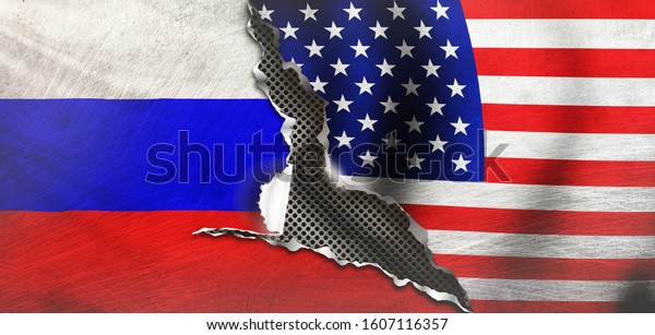 Russia and Usa flag,\
covering on cracked\
wall. 3d\
illustration