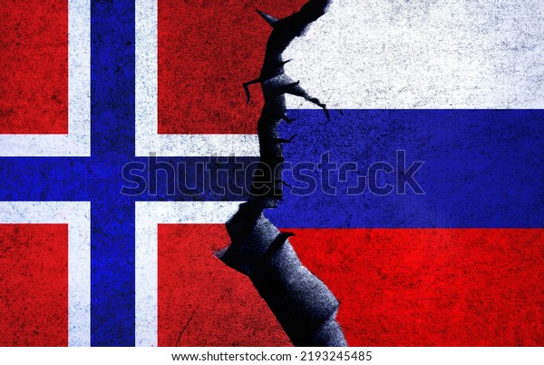 Russia vs Norway concept flags on a wall with a\
crack. Norway and Russia political conflict, war crisis, economy\
relationship, trade\
concept