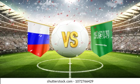 Russia vs Saudi Arabia.
Soccer concept. White soccer ball with the flag in the stadium, 2018. 3d render
