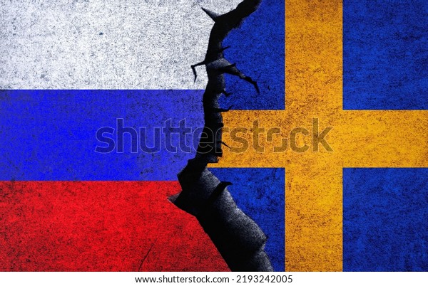 Russia vs Sweden concept flags on a wall with a\
crack. Sweden and Russia political conflict, war crisis, economy\
relationship, trade\
concept