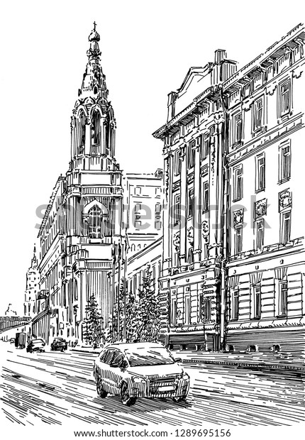 Russia.Moscow. Urban view of the city street with\
buildings and cars. Summer day black and white hand drawing with\
pen and ink. Sketch\
style.