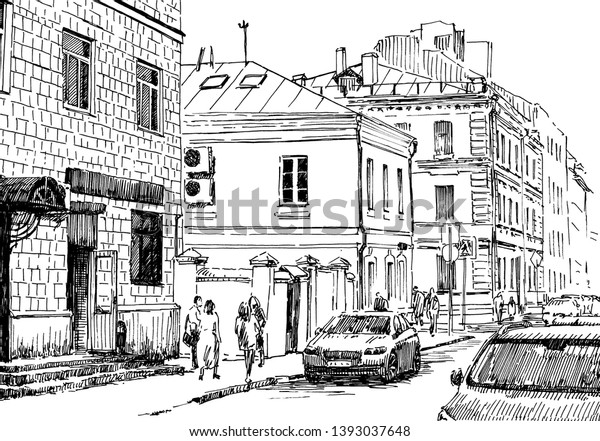 Russia.Moscow. Urban view of the city street with\
buildings, people and cars. Summer day black and hand drawing with\
pen and ink. Western classical trend of book illustration and comic\
art.\
