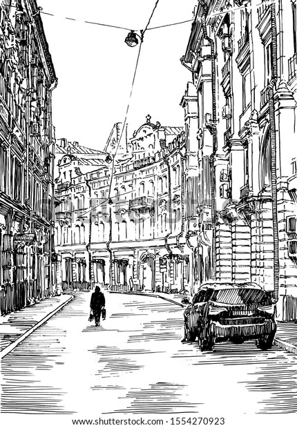 Russia.Moscow. Urban view of the city street with\
buildings and cars. Summer day black and white hand drawing with\
pen and ink. Sketch\
style
