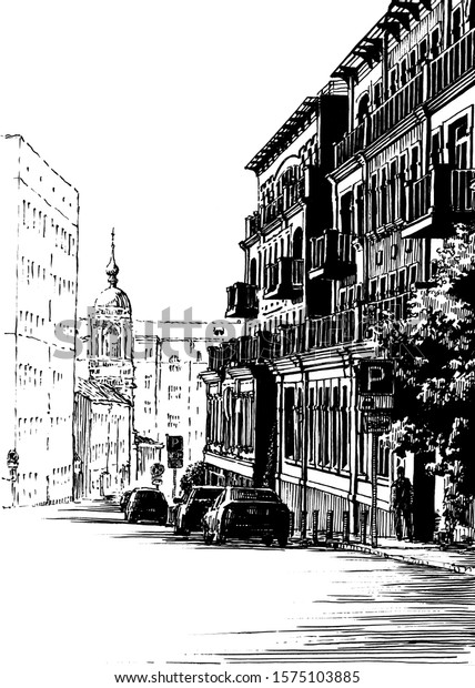 Russia.Moscow. Urban view of the city street\
with buildings, people and cars. Summer day black and white hand\
drawing with pen and ink. Sketch\
style.\
