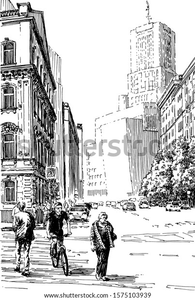 Russia.Moscow. Urban view of the\
city street with buildings, people and cars. Summer day black and\
hand drawing with pen and ink. Engraving, etching, sketch\
style.