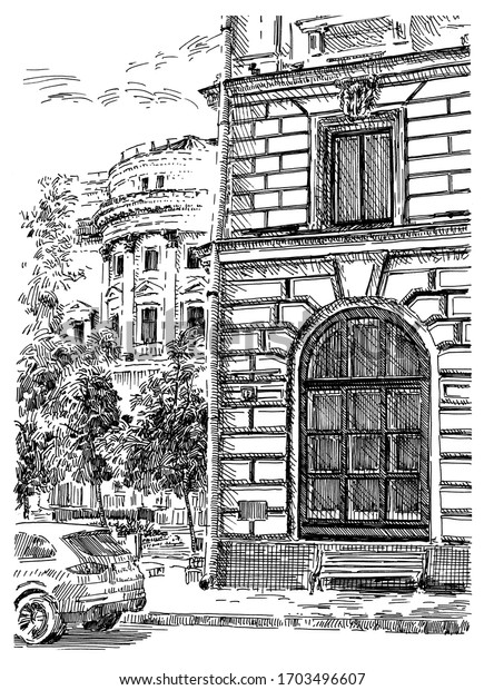 Russia.Moscow. Urban view of the city street with\
buildings, trees and cars. Summer day black and white hand drawing\
with pen and ink. Sketch\
style.