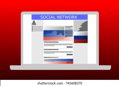 Russian Collusion Concept Illustrated Of A Social Media Website With Russian-backed Ads And Posts. Background Color Is Red