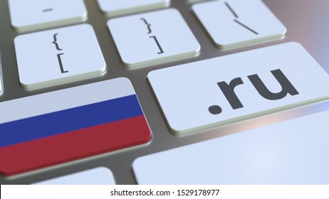 Russian Domain .ru And Flag Of Russia On The Buttons On The Computer Keyboard. National Internet Related 3D Rendering