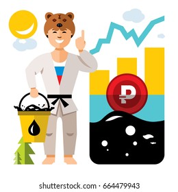 Russian Economy And Oil Industry. Floating Exchange Rate Of The Ruble. Flat Style Colorful Humor Cartoon Illustration.