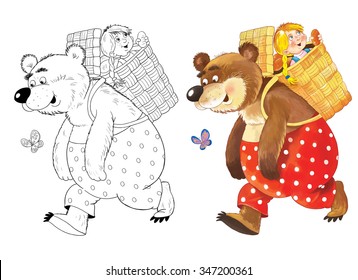 Russian fairy tale. Masha and the bear. Illustration for children. Coloring book. Cartoon characters