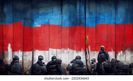 Russian Flag Painted On A Concrete Grunge Background Wall In Relation To Their Current War With Ukraine, Russian Textured Abstract Background Flag With Military People Background Illustration