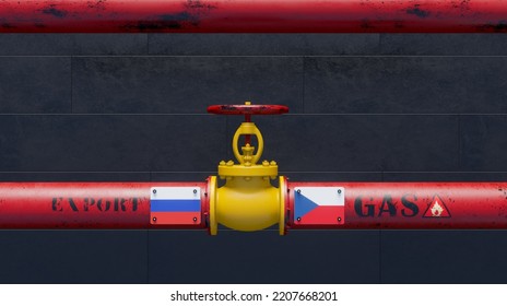 Russian Gas To Czech, Pipe Of Gas From Russia To Czech, Valve On The Main Gas Pipeline With Russia Flag And Czech Flag, Gas Sanctions Concept, 3D Work And 3D Image