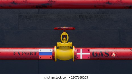 Russian Gas To Denmark, Pipe Of Gas From Russia To Denmark, Valve On The Main Gas Pipeline With Russia Flag And Denmark Flag, Gas Sanctions Concept, 3D Work And 3D Image