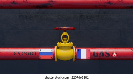 Russian Gas To France, Pipe Of Gas From Russia To France, Valve On The Main Gas Pipeline With Russia Flag And France Flag, Gas Sanctions Concept, 3D Work And 3D Image