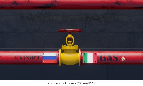 Russian Gas To Italy, Pipe Of Gas From Russia To Italy, Valve On The Main Gas Pipeline With Russia Flag And Italy Flag, Gas Sanctions Concept, 3D Work And 3D Image